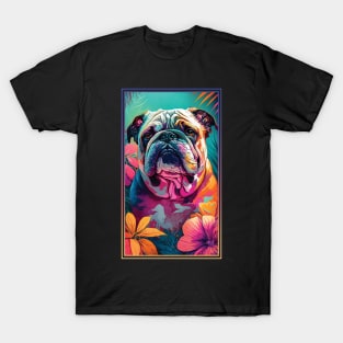 Bulldog Vibrant Tropical Flower Tall Digital Oil Painting Portrait 2 T-Shirt